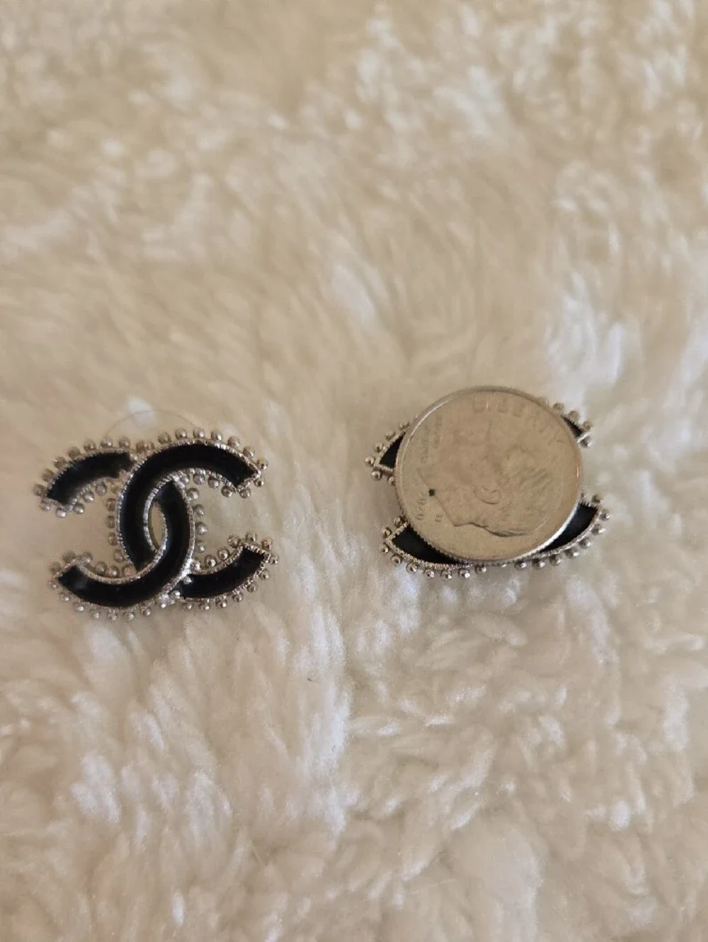 *Authentic* CHANEL Black and Silver Interlocking CC Stud Earrings